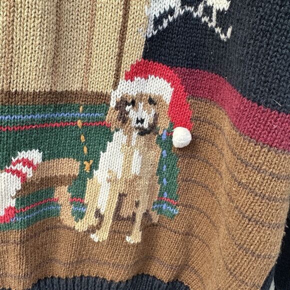 Vtg Talbots Winter Scene Dog Sweater M 90s Snow Cabin Hand Knit Hong Kong - Picture 3 of 8